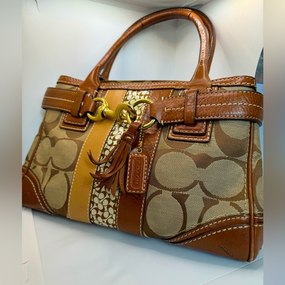 Coach Carry All Hampton "C'"s Tan Canvas and Leather